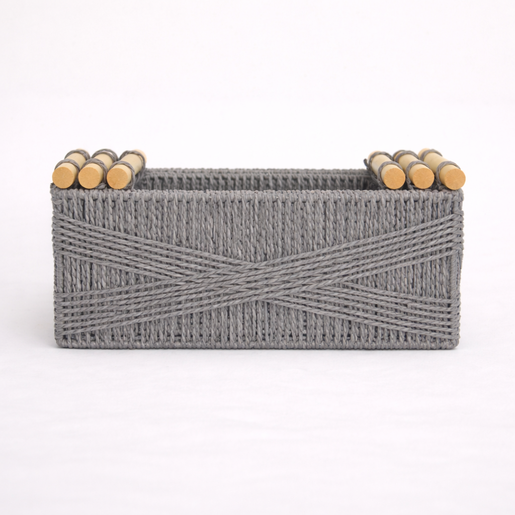 Set of 3 Woven Paper Rope Storage Baskets with Wood Handles & Metal Frame