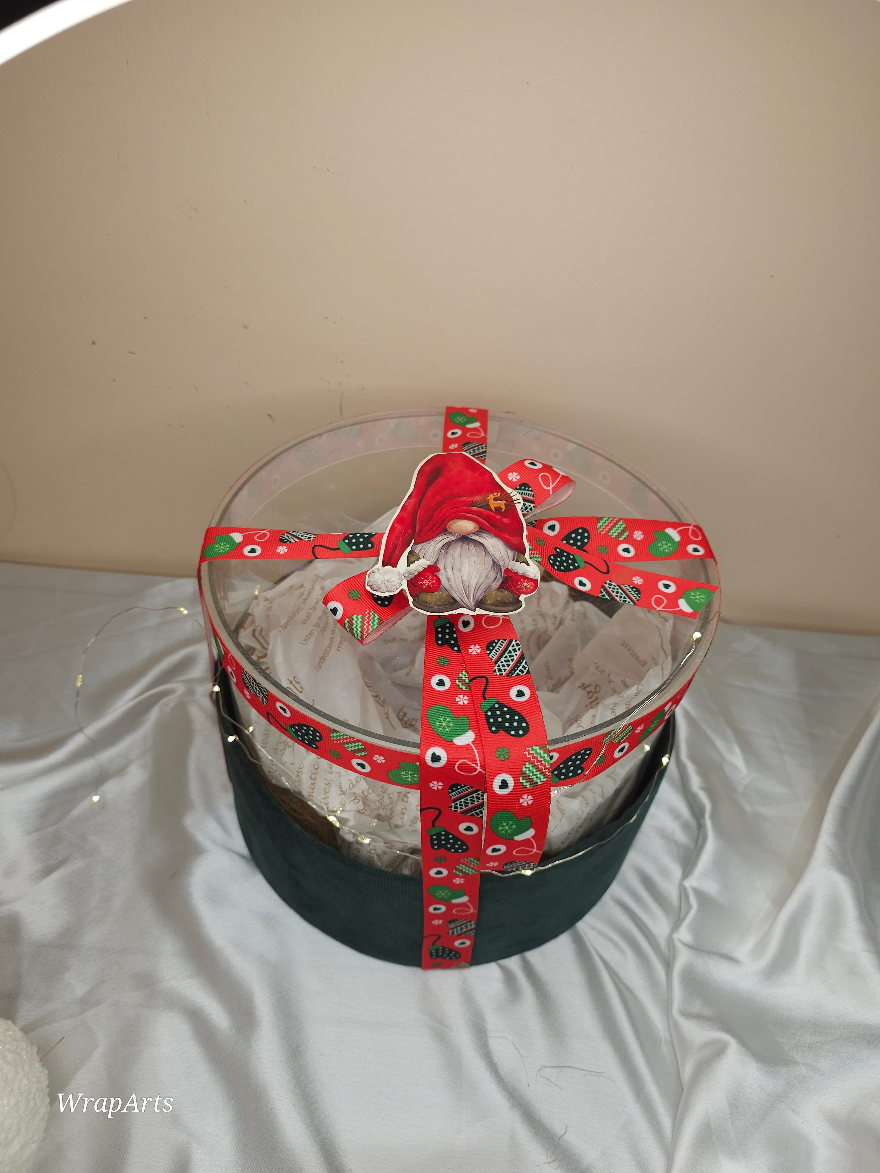 Round Clear Top Gift Box | Christmas Gnome Decoration | Empty Hamper Box (With Decor Kit)