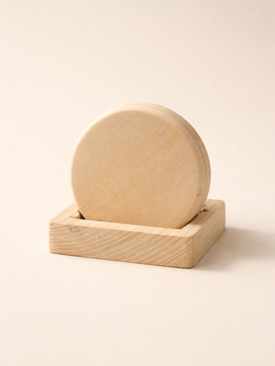 Round Pine Wood Coaster Set with Holder - 5 Piece Natural Wooden Coaster Collection