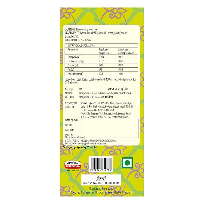 Flurys Green Tea Lemongrass 25 Tea Bags