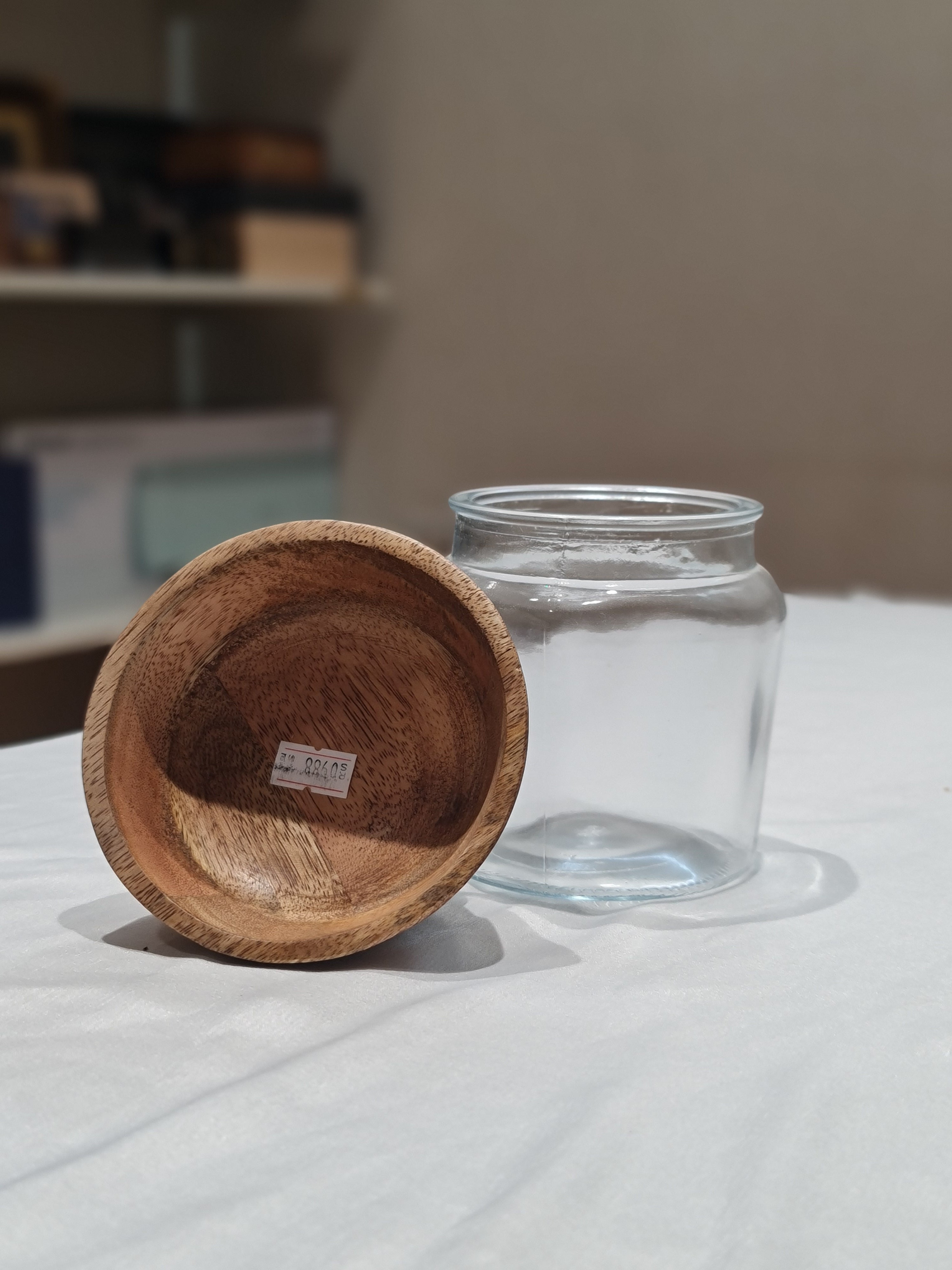 Glass Storage Jar with Wooden Bowl Lid (500gm)