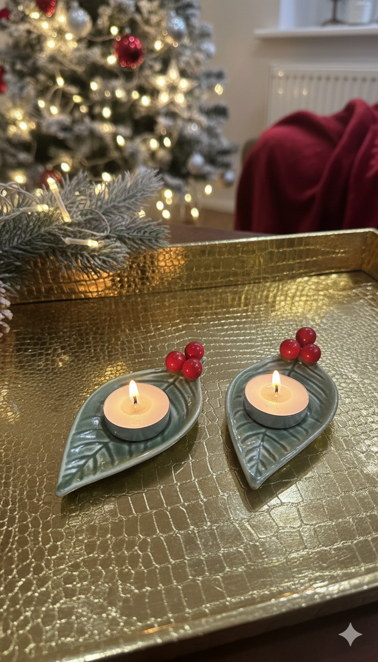 Festive Holly Leaf Tea Light Holder Set of 2