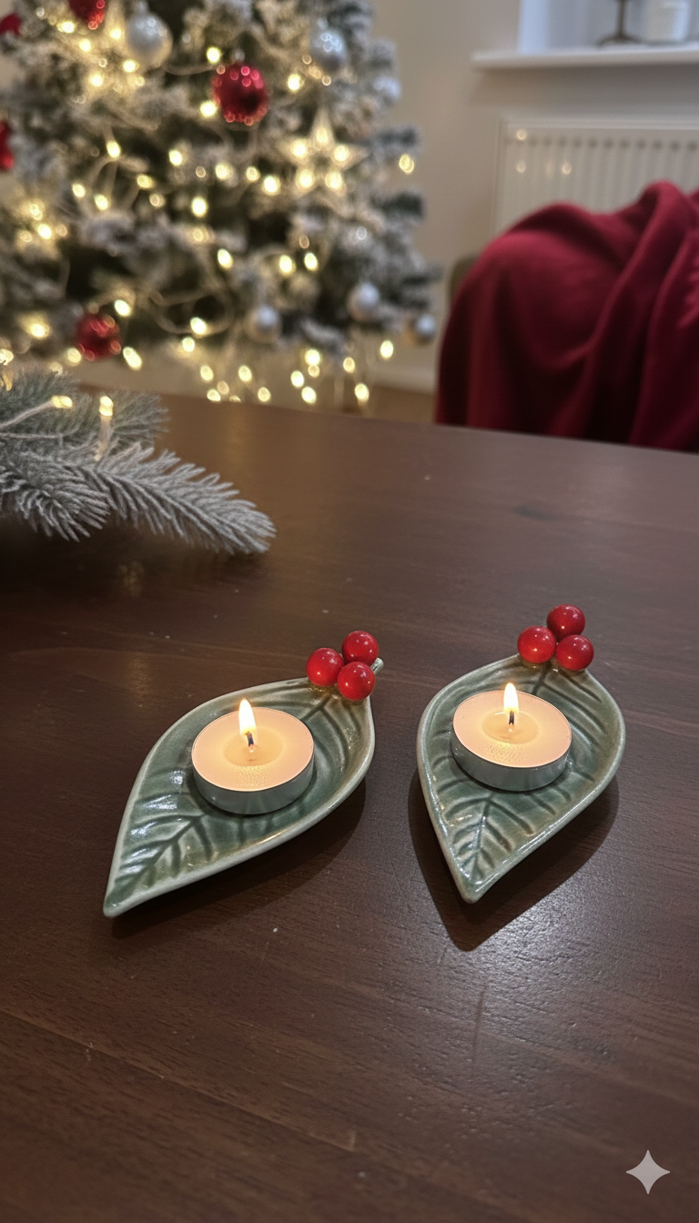 Festive Holly Leaf Tea Light Holder Set of 2