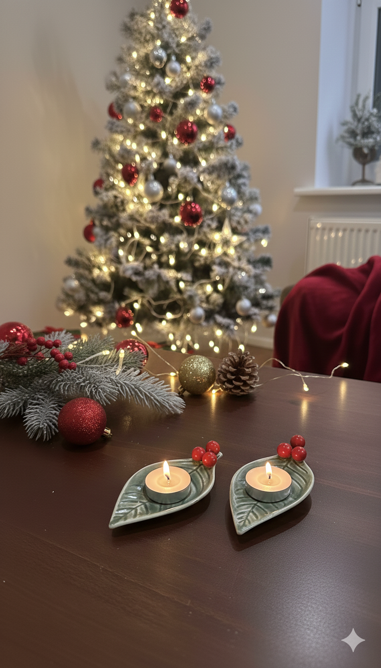 Festive Holly Leaf Tea Light Holder Set of 2