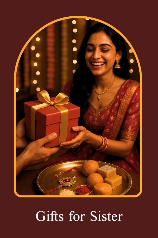 Woman in traditional attire holding a gift box with 'Gifts for Sister' text on a warm-toned background.