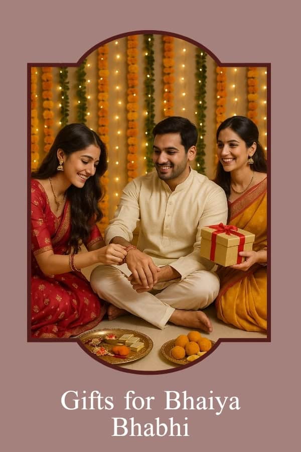 Three people sitting together with a gift, decorated indoor setting.