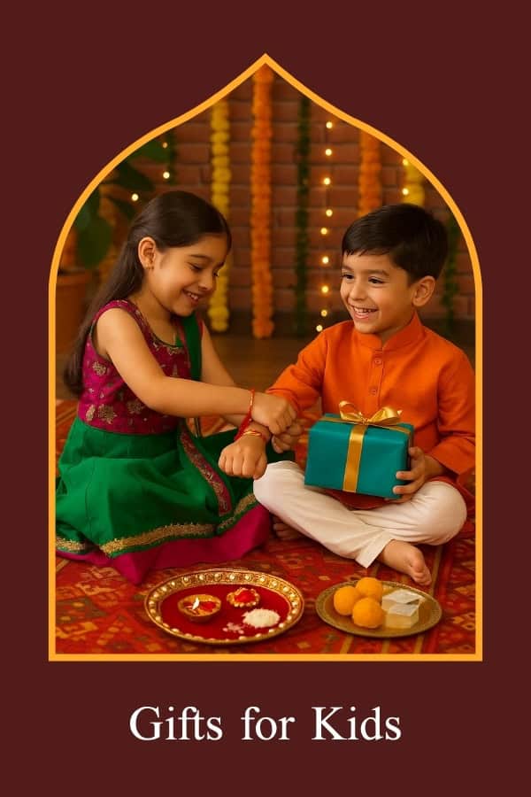 Two children exchanging gifts with a decorative setting, labeled 'Gifts for Kids'.