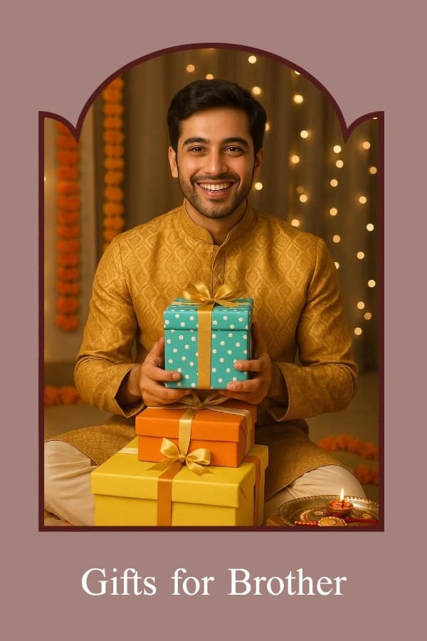 Man holding gifts with a decorative background and text 'Gifts for Brother'.