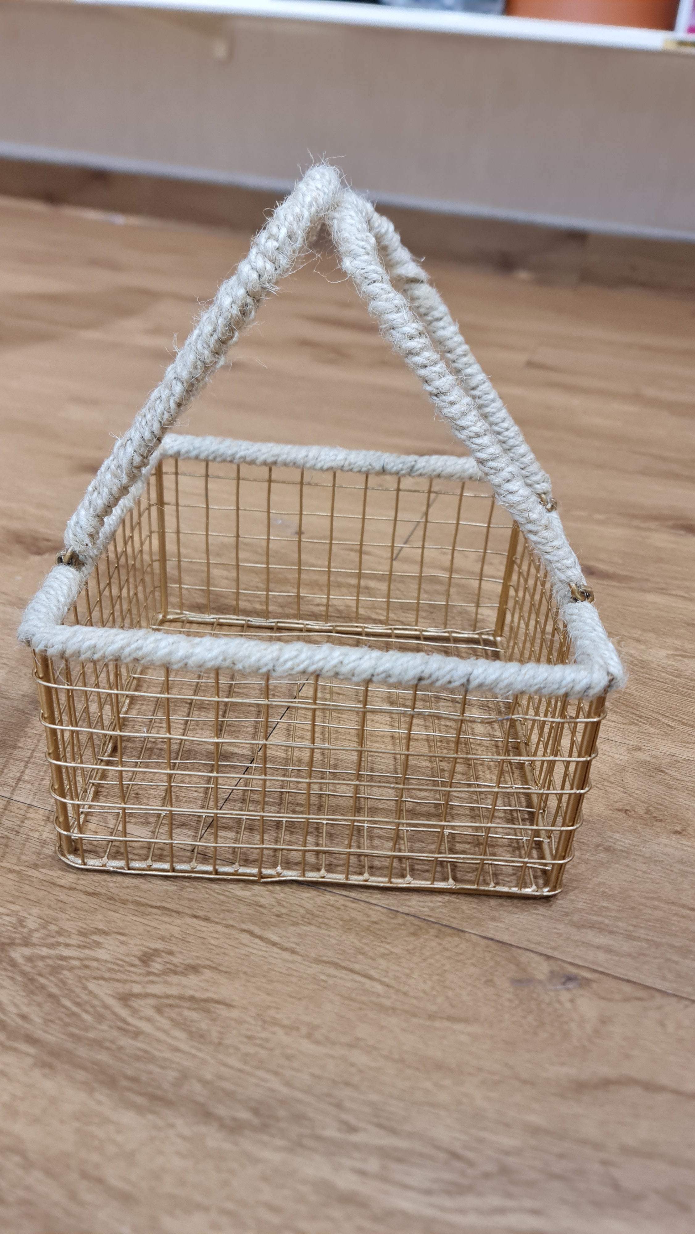 Modern Gold Wire Mesh Basket with Rope Handle | Small Hamper/Organizer  (21 x 28x 21 Cm)