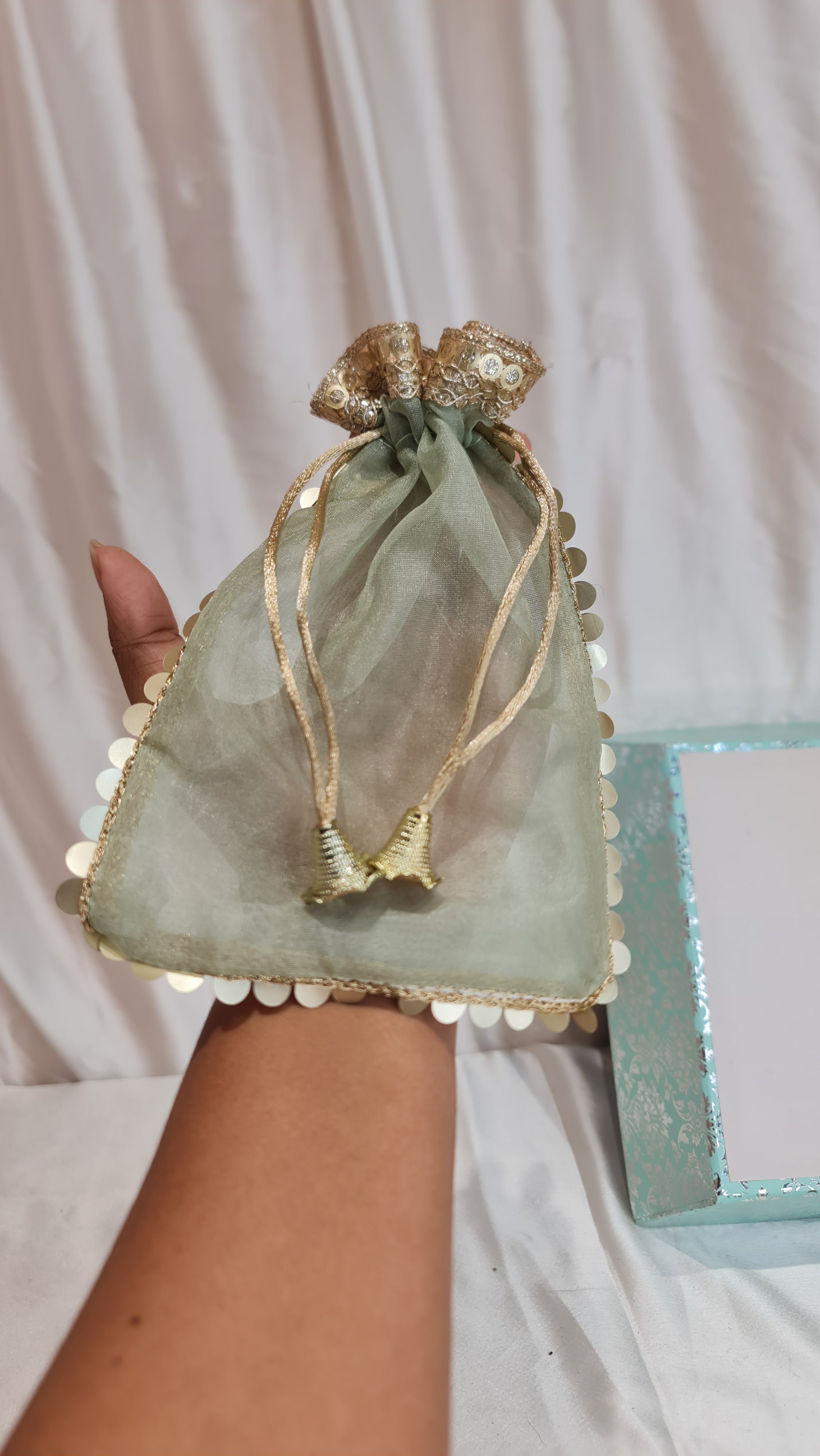 Elegant Organza Potli Drawstring Potli Bags (Pack of 10) - 14 Cm x 19Cm  Green Color