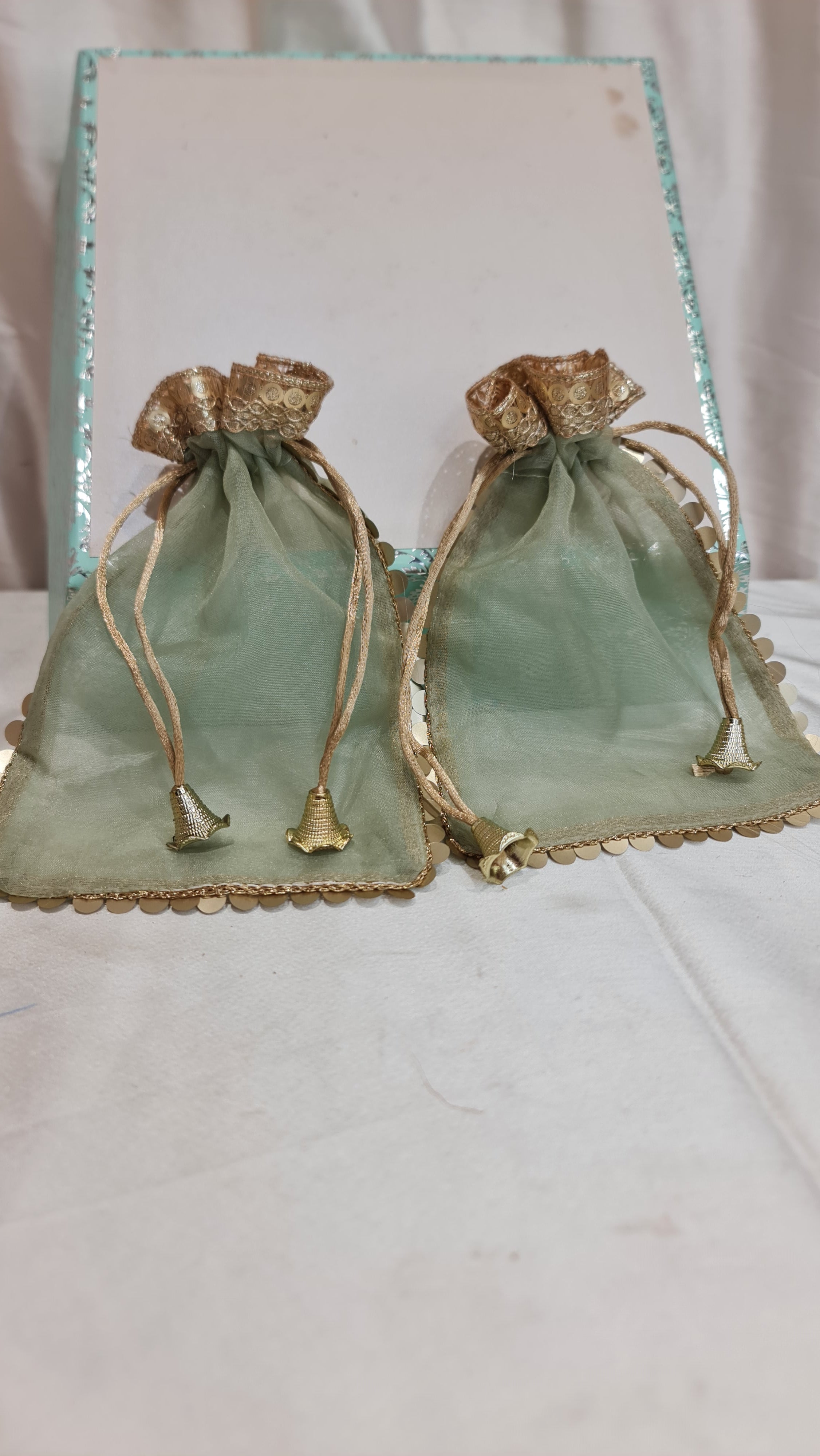 Elegant Organza Potli Drawstring Potli Bags (Pack of 10) - 14 Cm x 19Cm  Green Color