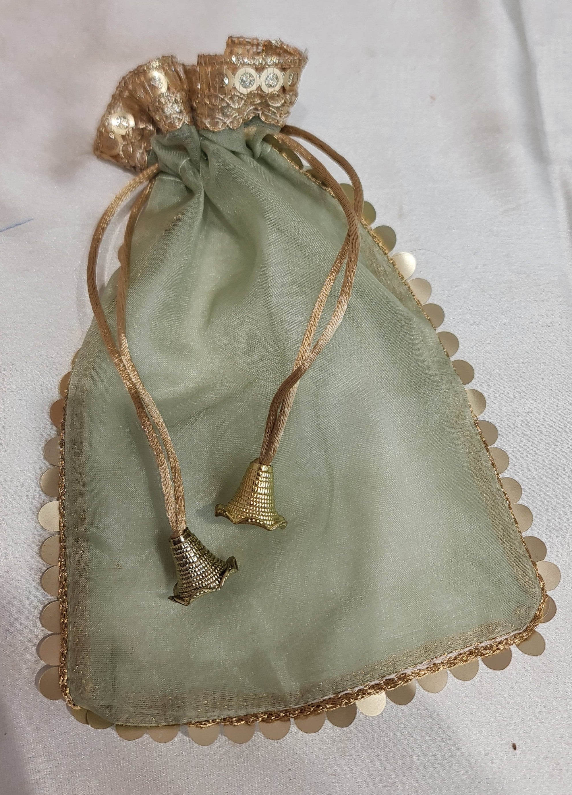 Elegant Organza Potli Drawstring Potli Bags (Pack of 10) - 14 Cm x 19Cm  Green Color