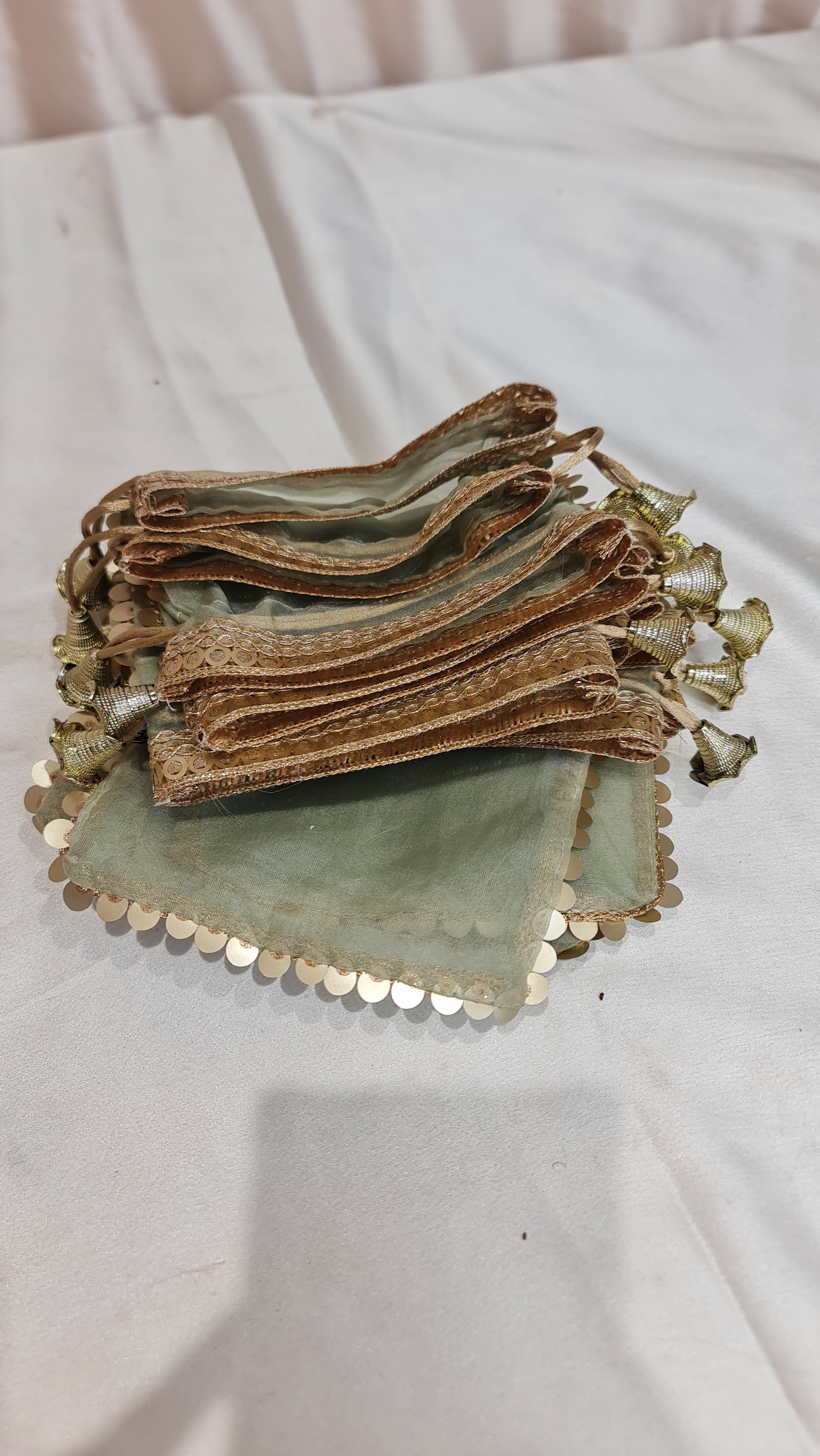 Elegant Organza Potli Drawstring Potli Bags (Pack of 10) - 14 Cm x 19Cm  Green Color