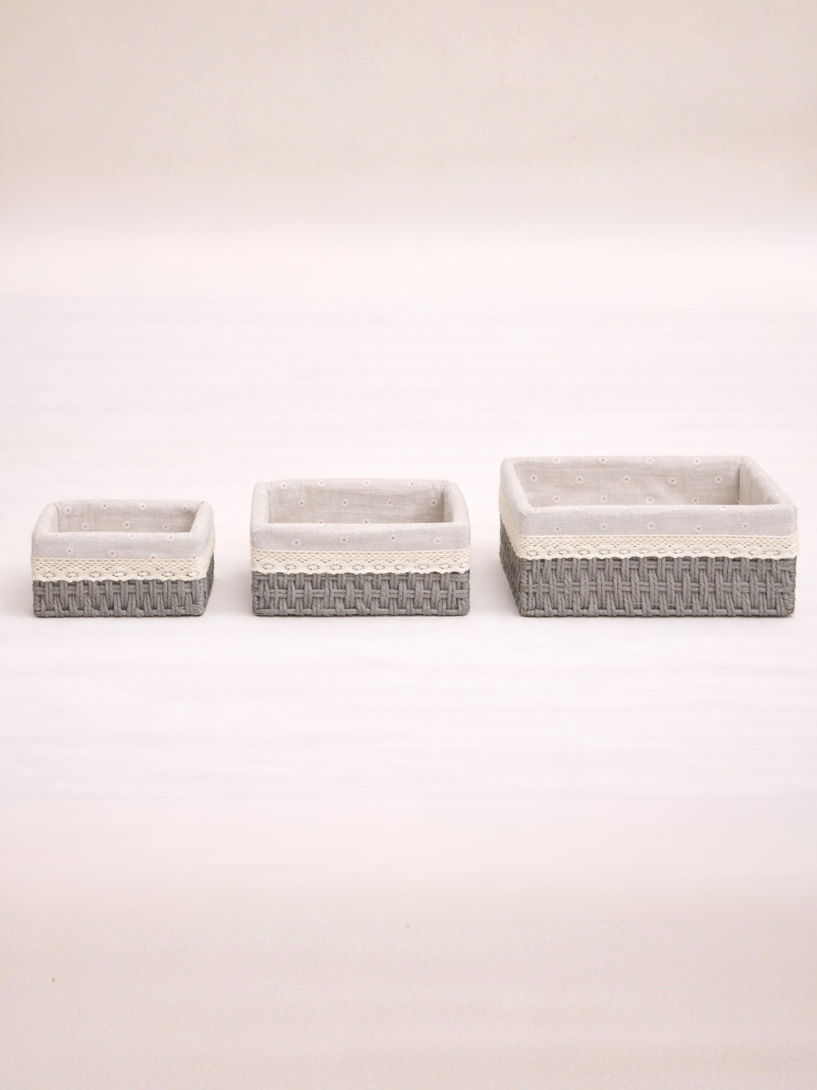 Set of 3 Grey Paper Rope Woven Storage Baskets with Fabric Lining & Lace Trim