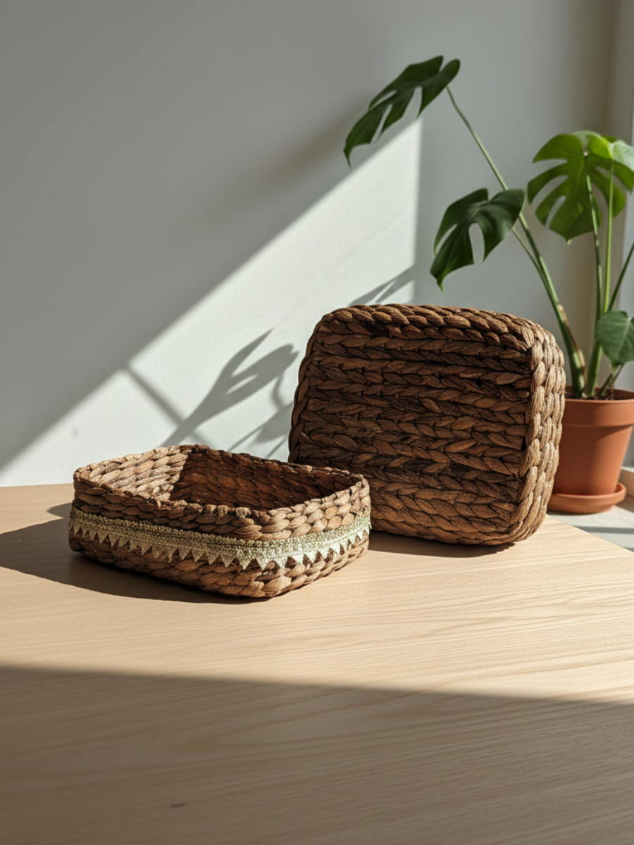 Handwoven Water Hyacinth Storage Basket with Ribbon Trim (7 Cm H X 23 Cm L X 16 Cm W)