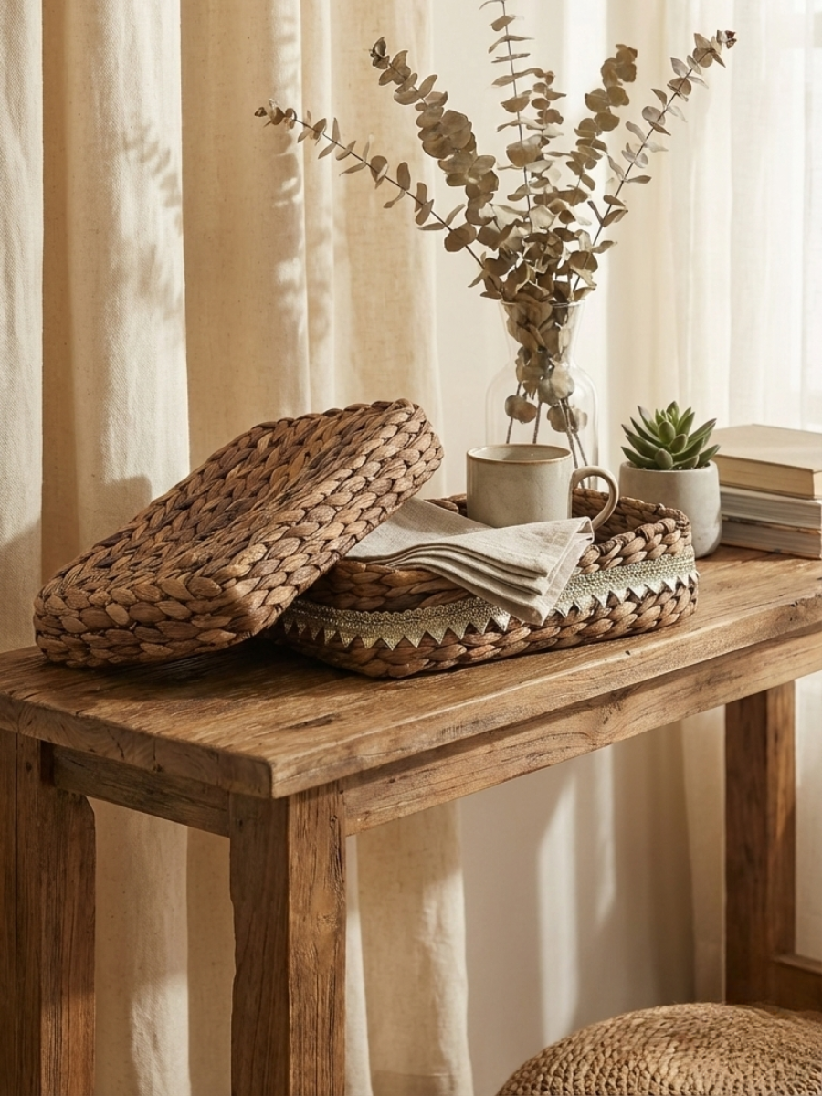 Handwoven Water Hyacinth Storage Basket with Ribbon Trim (7 Cm H X 23 Cm L X 16 Cm W)