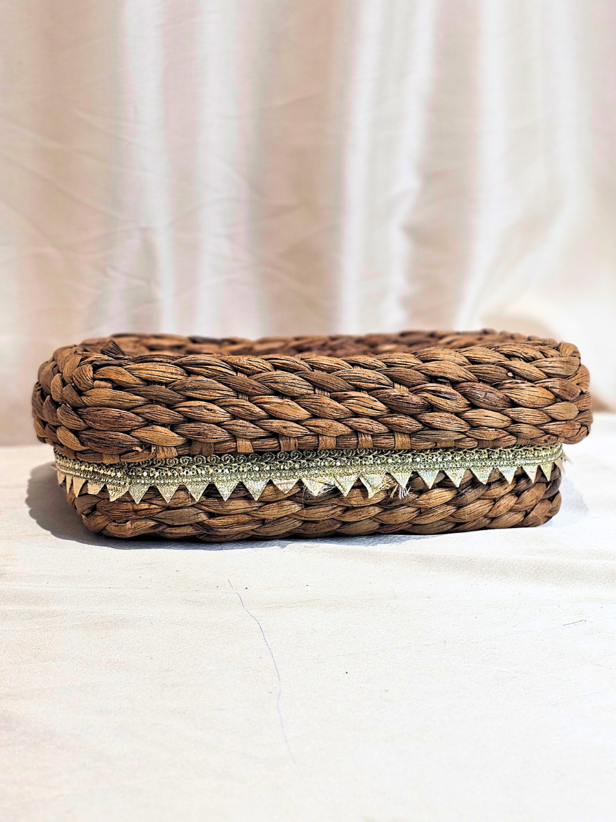 Handwoven Water Hyacinth Storage Basket with Ribbon Trim (7 Cm H X 23 Cm L X 16 Cm W)