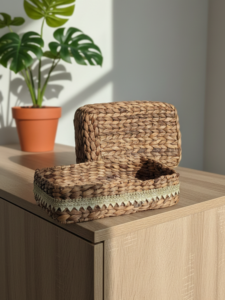 Woven basket with a plant in the background on a wooden surface