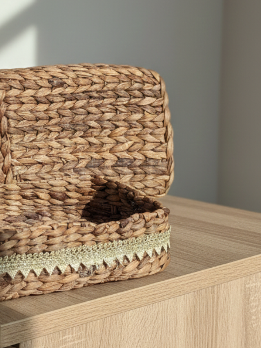 Handwoven Water Hyacinth Storage Basket with Ribbon Trim (7 Cm H X 23 Cm L X 16 Cm W)