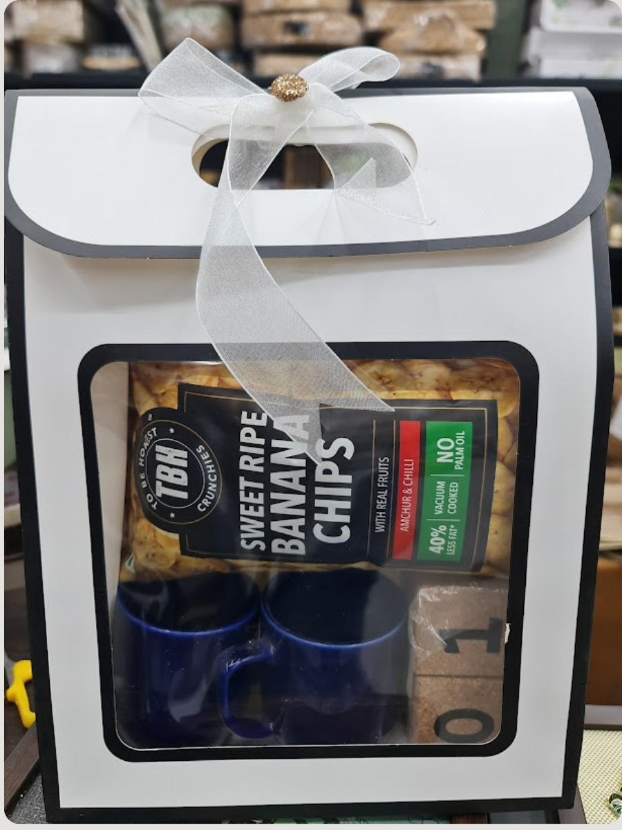 Elegant Gift Hamper — Banana Chips, Pair of Mugs & Cork Calendar