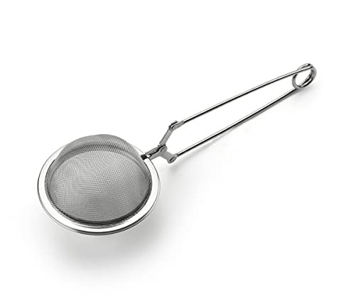 Metallic tea strainer on a white background