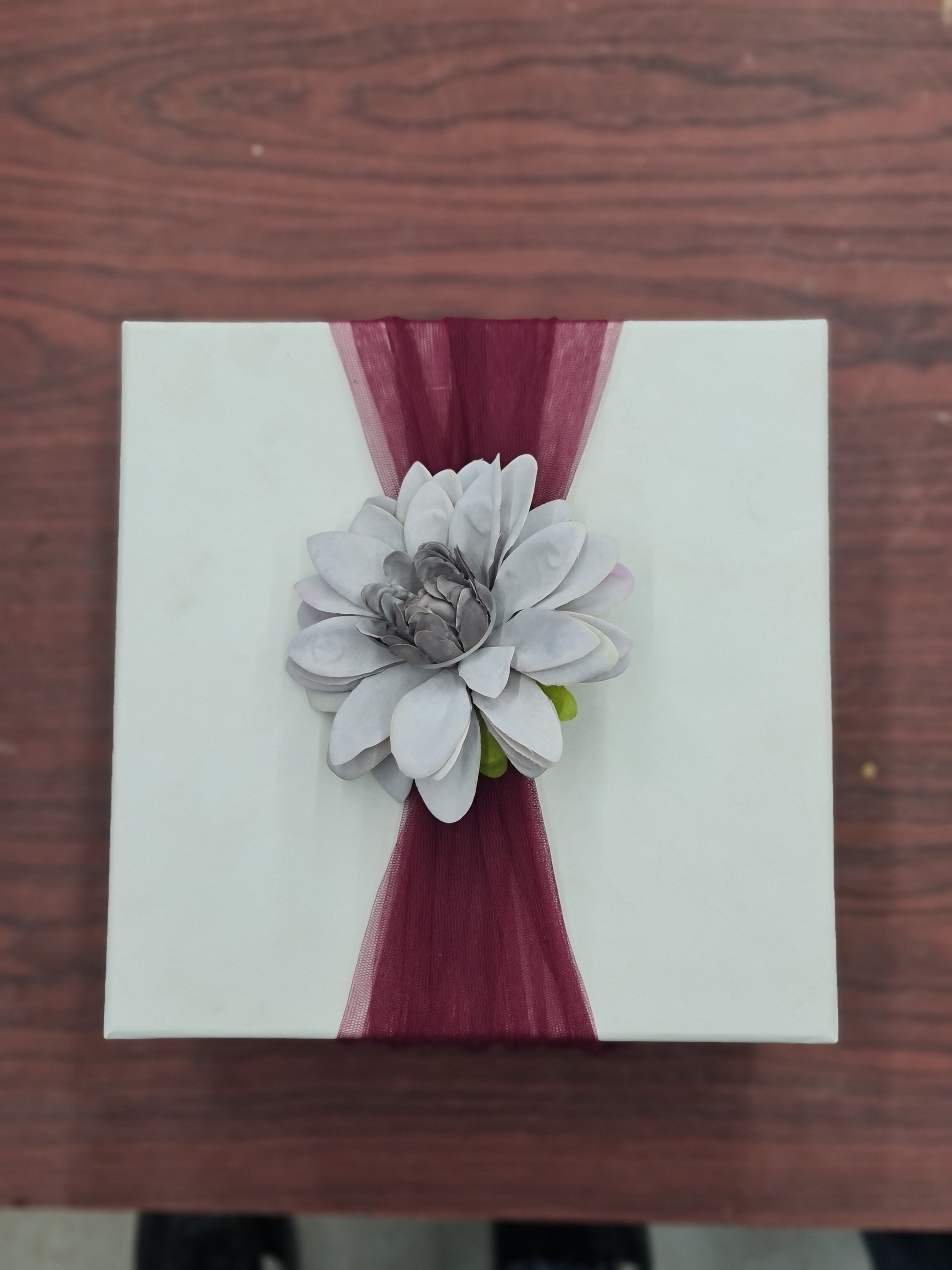 Ivory Rigid Gift Box with Floral Tulle Wrap (8x8 inch)
