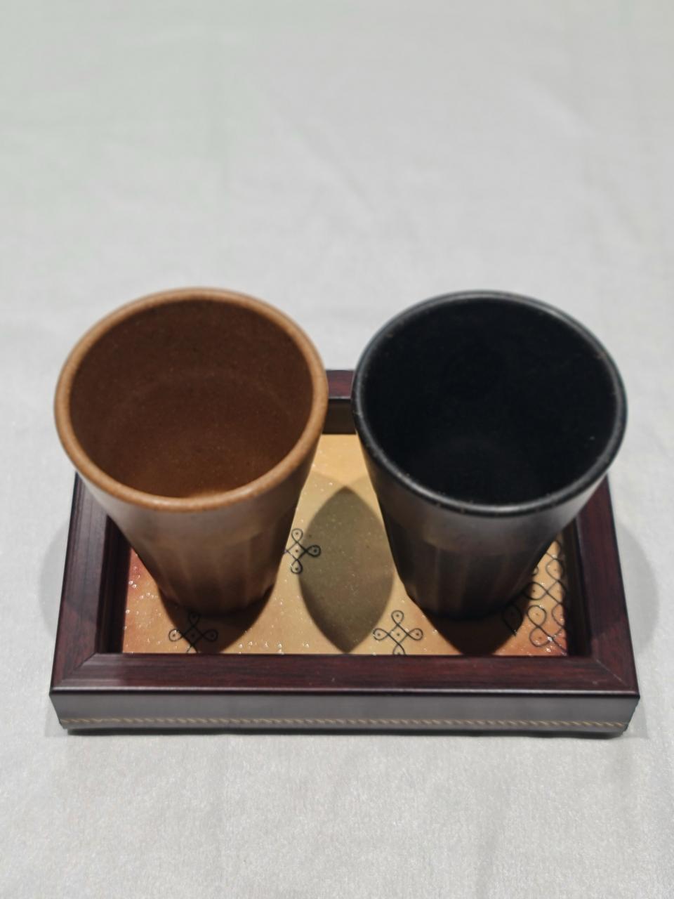 Wooden Tray with 2 Kullad Cups Set