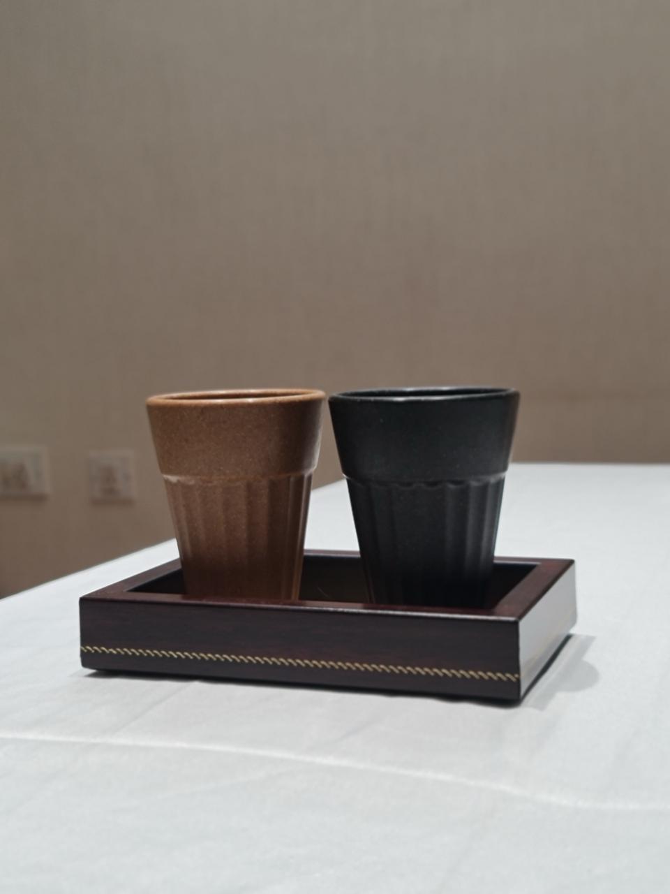 Wooden Tray with 2 Kullad Cups Set