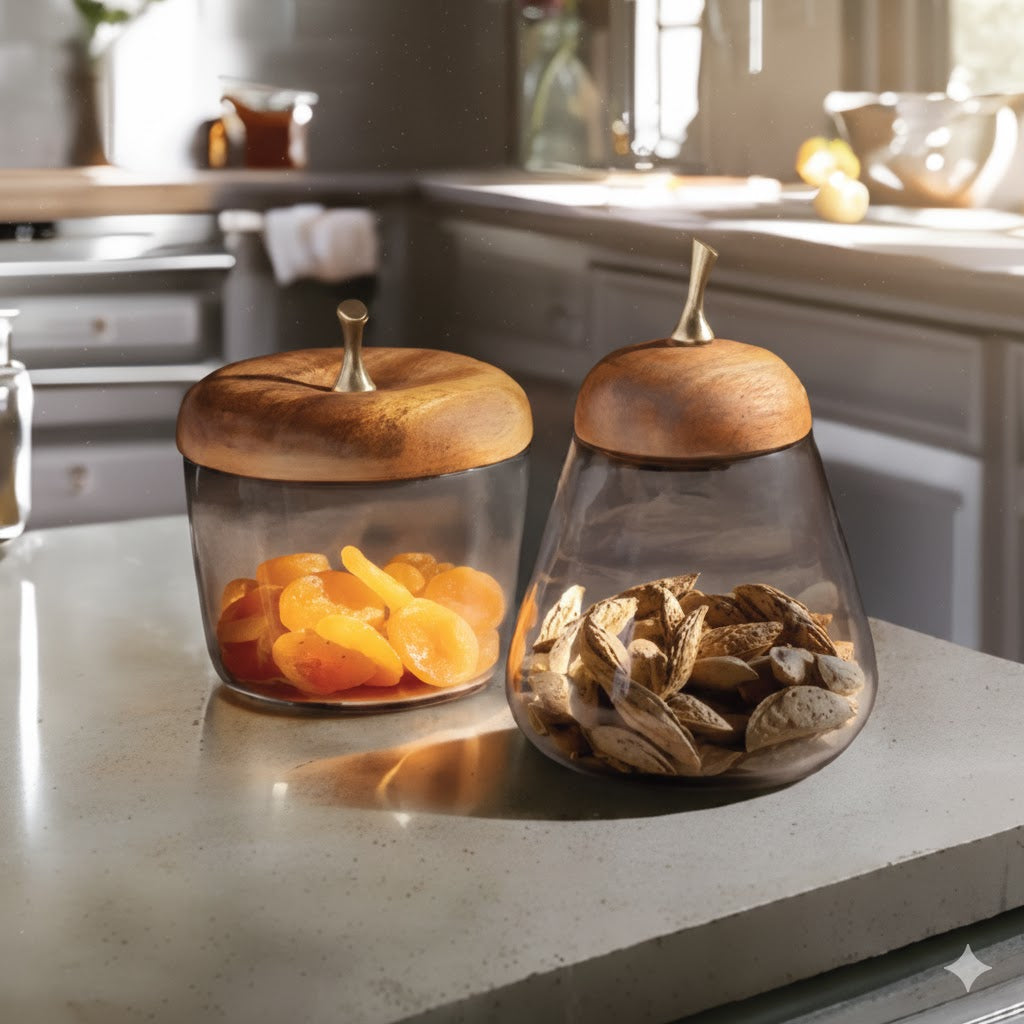 Apple & Pear Glass Storage Jars with Wooden Lids (Set of 2)
