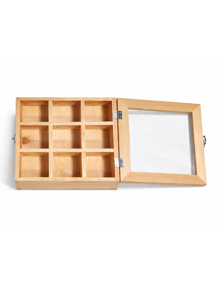 Pine Wood 9-Compartment Display Box with Glass Lid – Wraparts