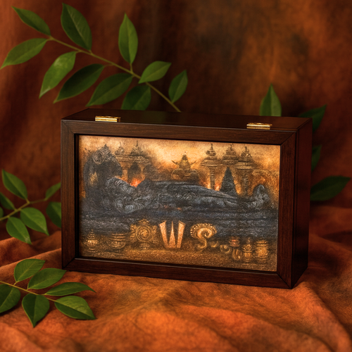 Decorative wooden box with engraved design on a brown background