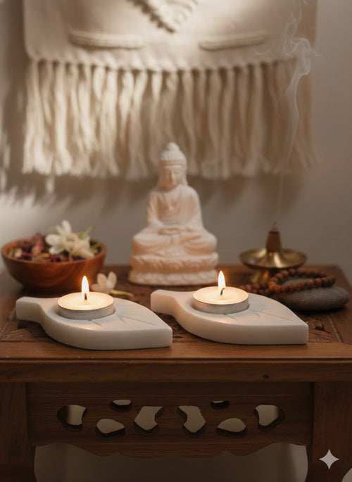 Handcrafted White Marble Tea Light Diya Holder Set of 2