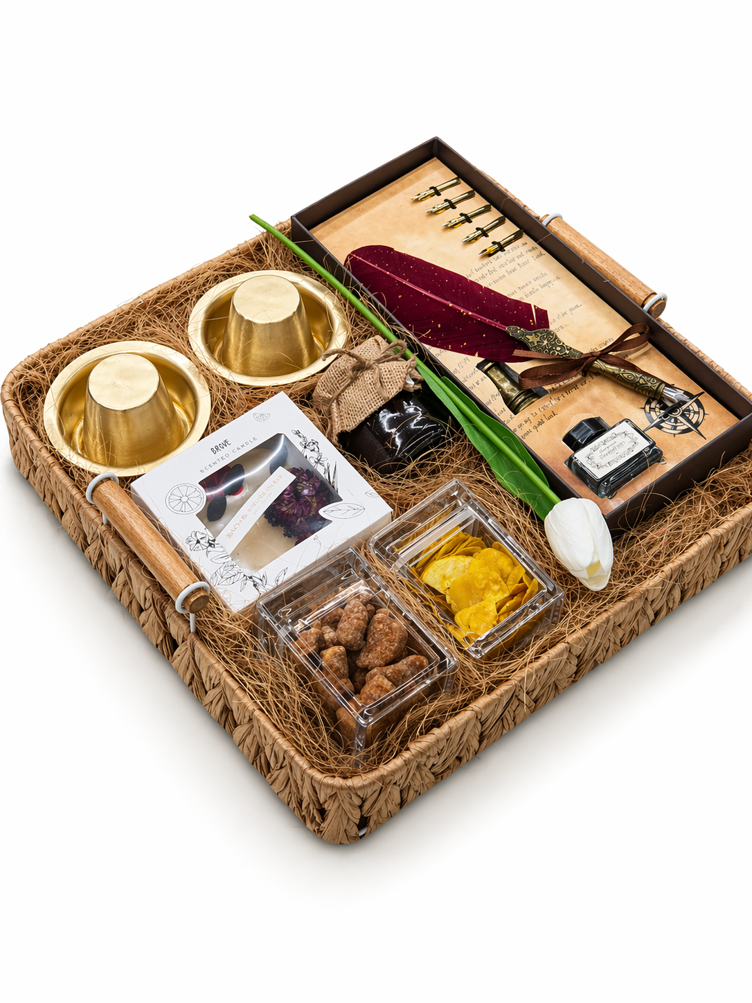 Artisan Gift Hamper | Handwoven Tray, Feather Pen Set, Davara Duo & Gourmet Snacks