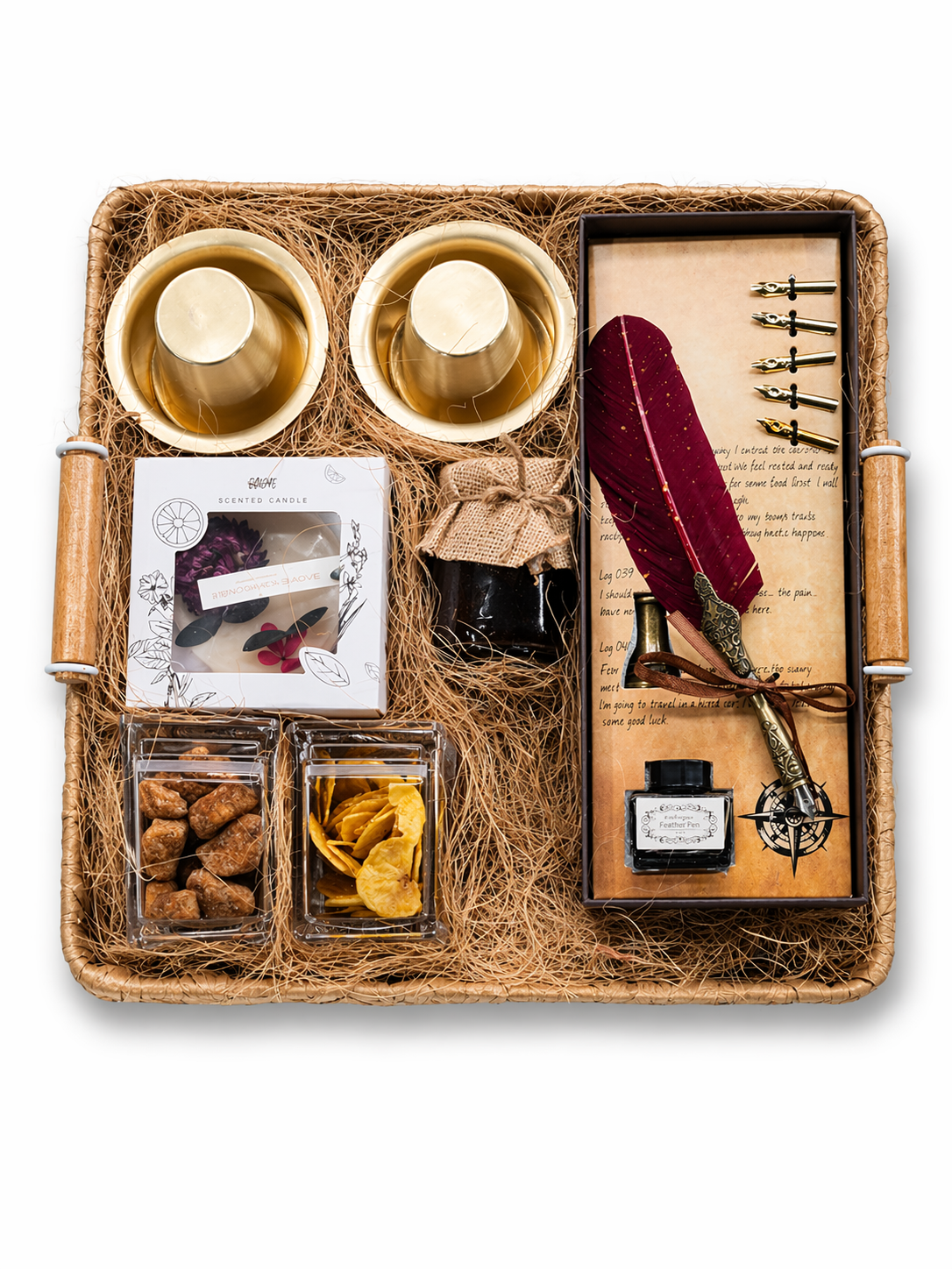 Artisan Gift Hamper | Handwoven Tray, Feather Pen Set, Davara Duo & Gourmet Snacks