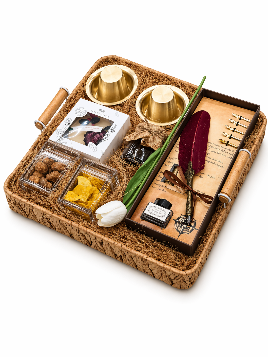 Artisan Gift Hamper | Handwoven Tray, Feather Pen Set, Davara Duo & Gourmet Snacks