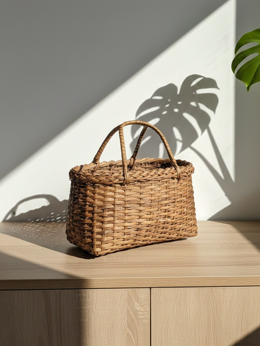 Wicker basket on a wooden surface with a plant leaf casting a shadow on a light-colored wall.