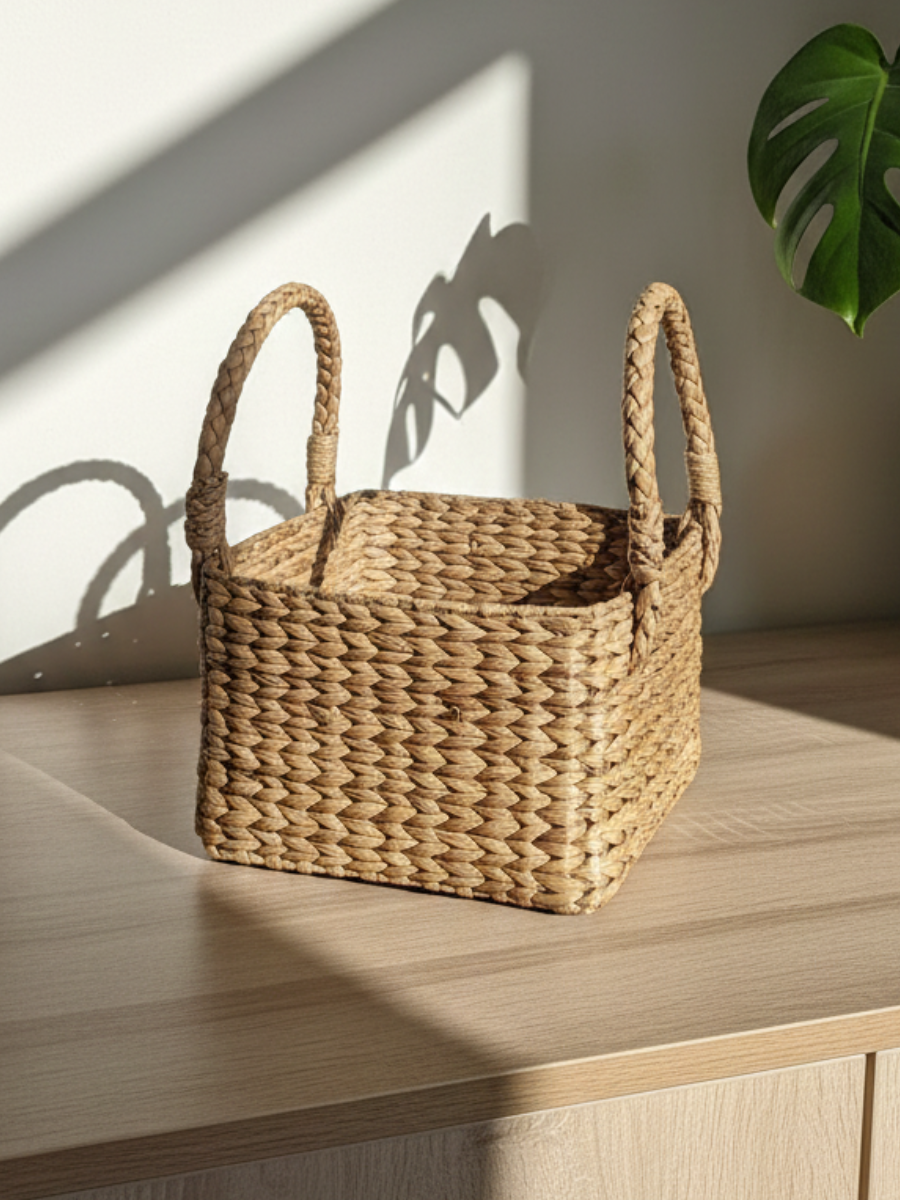 Woven basket with handles on a wooden surface