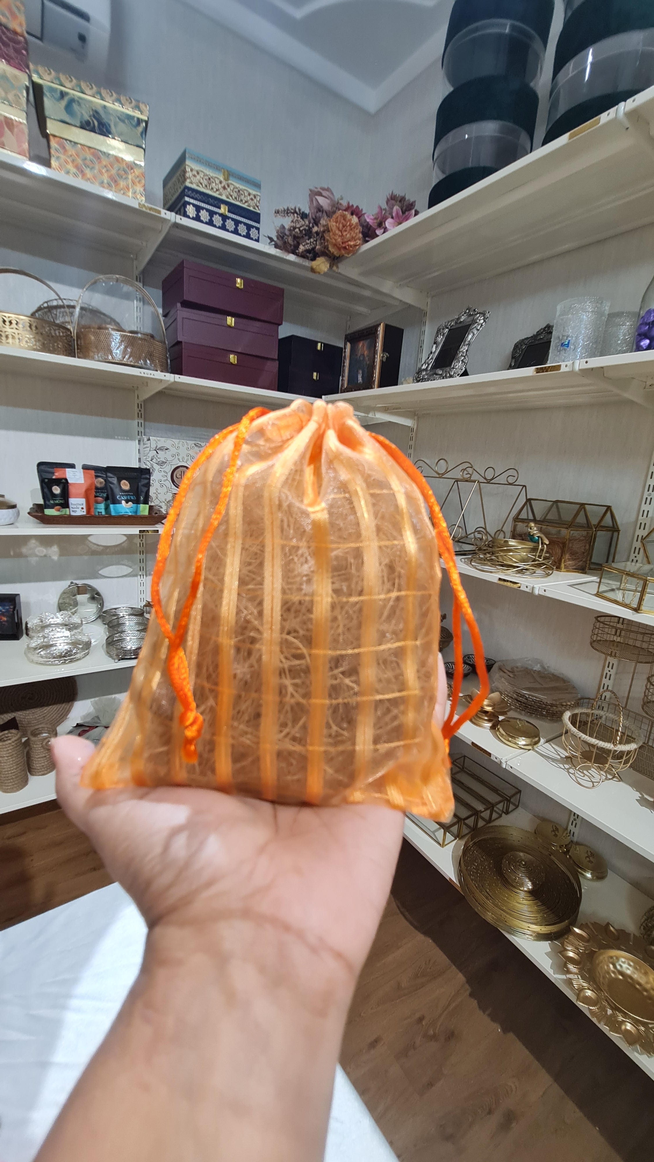Small Orange Sheer Potli Bag | Organza Drawstring Favor Pouch (20 Cm Height x 13 Length)