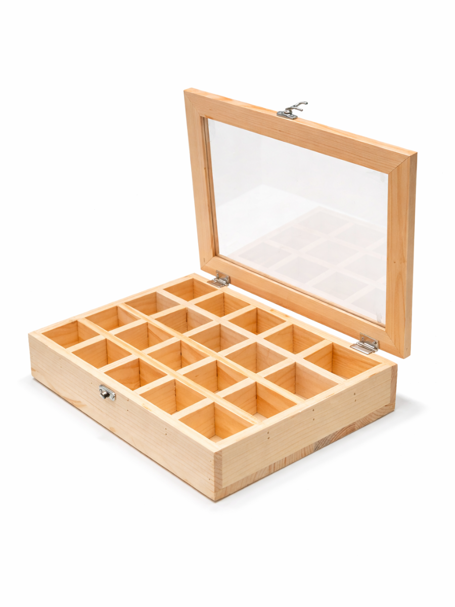 Pine Wood Display Box with Glass Lid - 20 Compartment Storage Organizer