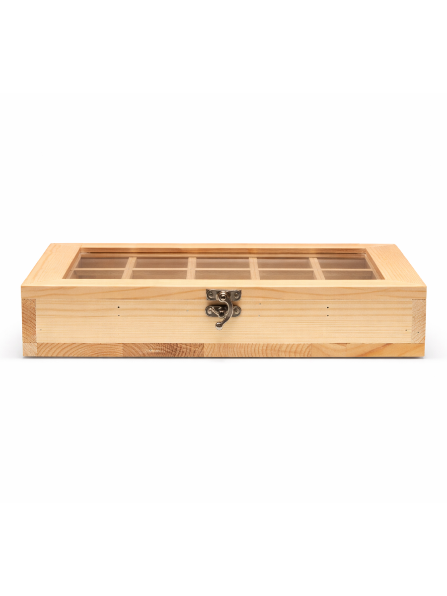 Pine Wood Display Box with Glass Lid - 20 Compartment Storage Organizer