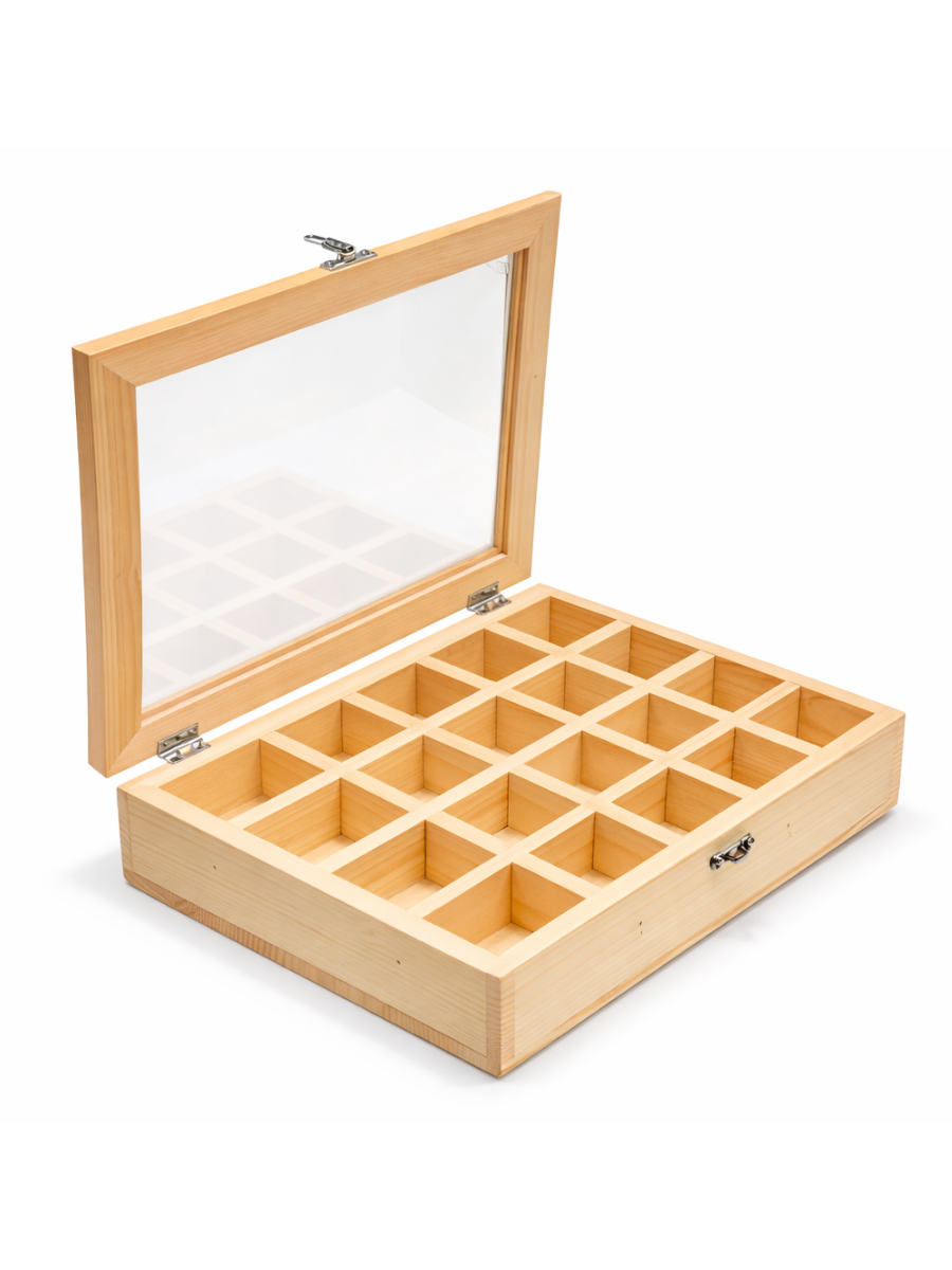 Pine Wood Display Box with Glass Lid - 20 Compartment Storage Organizer