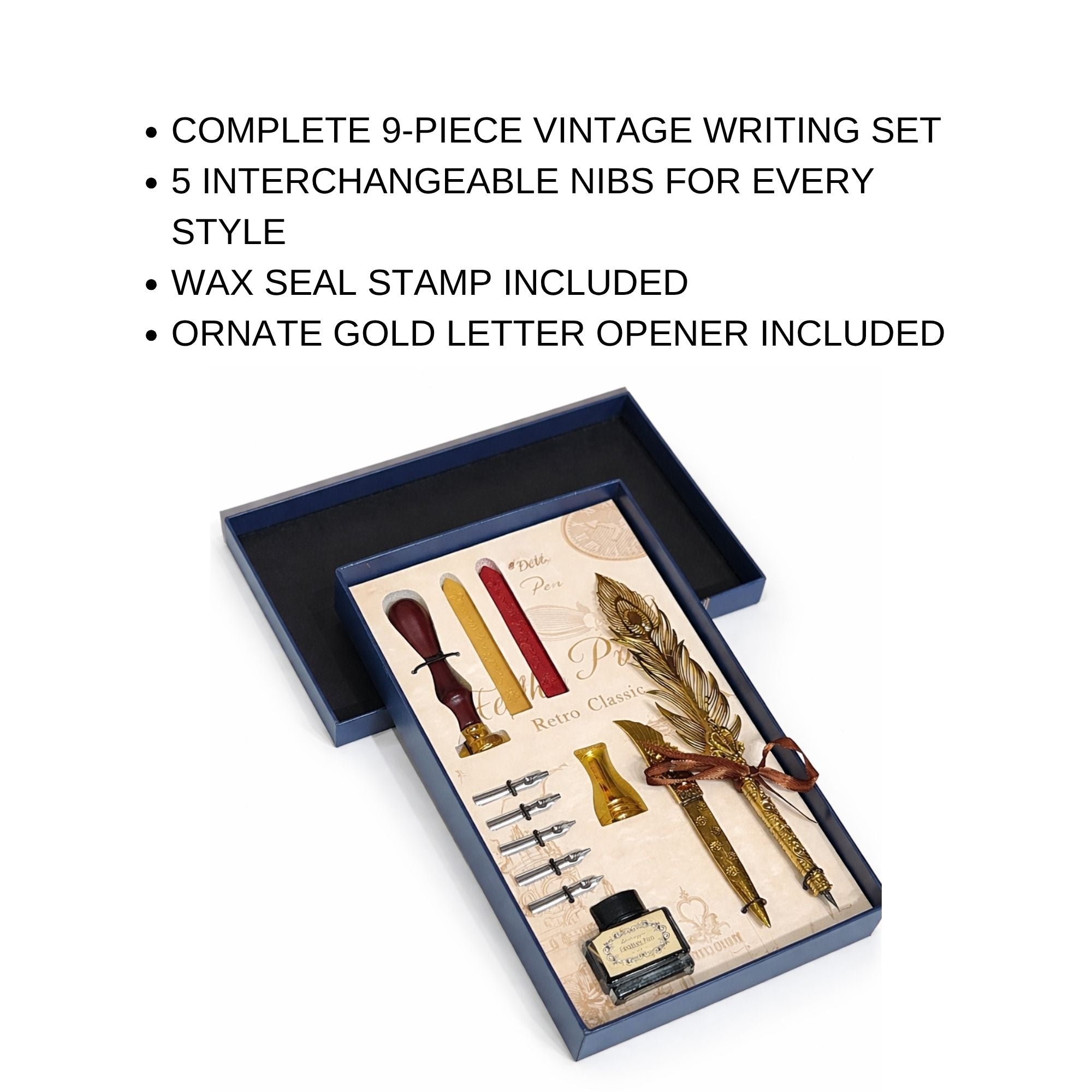 Retro Classic Gold Feather Quill Pen Set- Vintage Writing & Wax Seal Gift Box