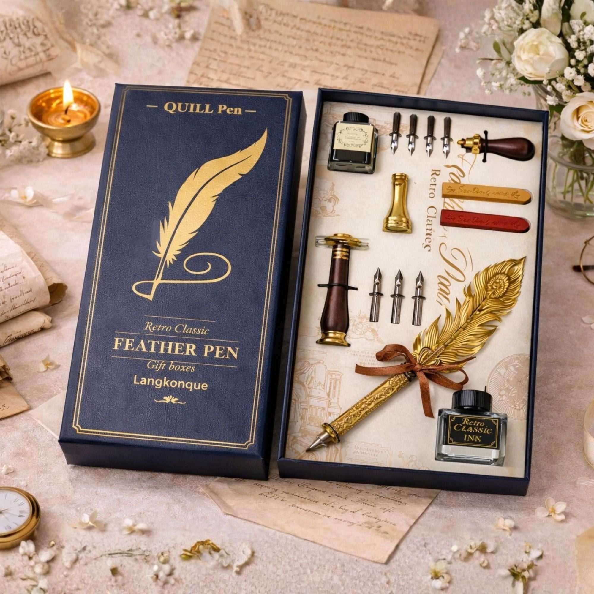 Retro Classic Gold Feather Quill Pen Set- Vintage Writing & Wax Seal Gift Box