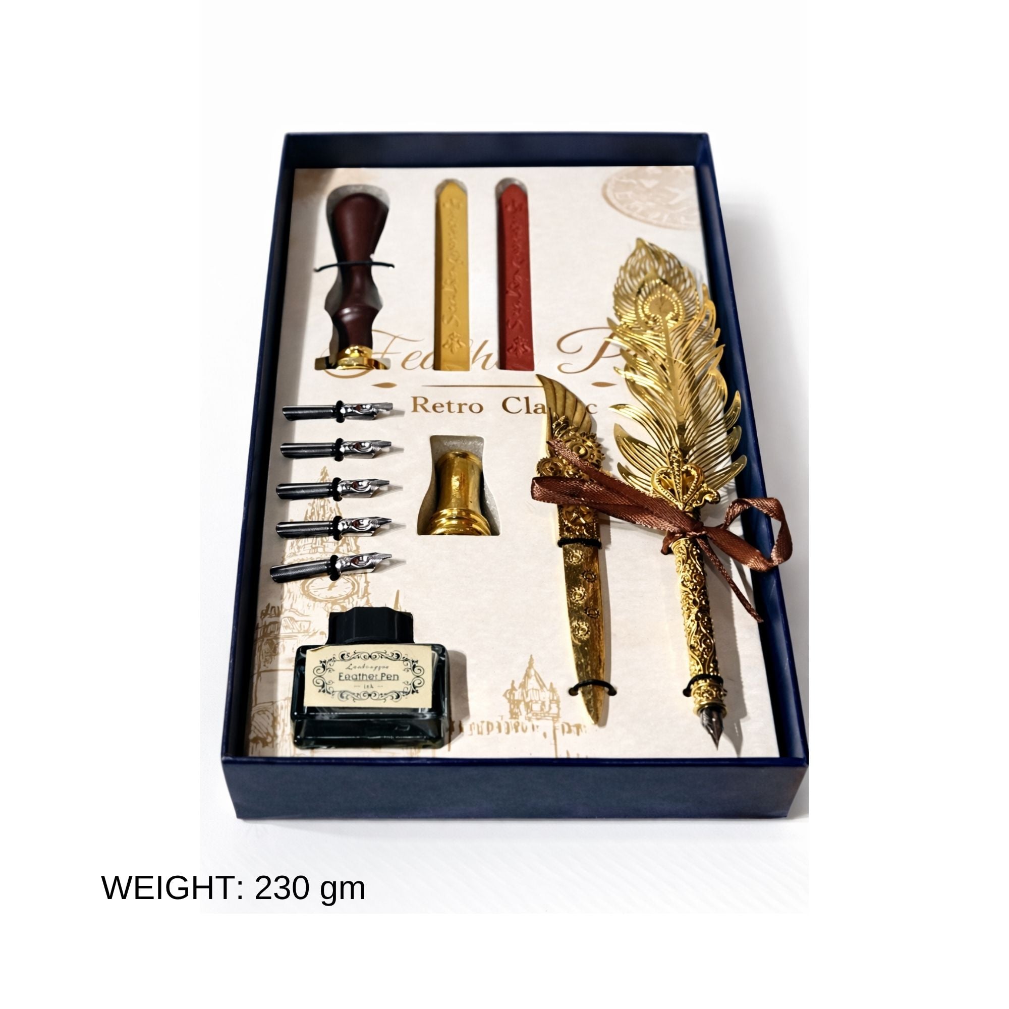 Retro Classic Gold Feather Quill Pen Set- Vintage Writing & Wax Seal Gift Box