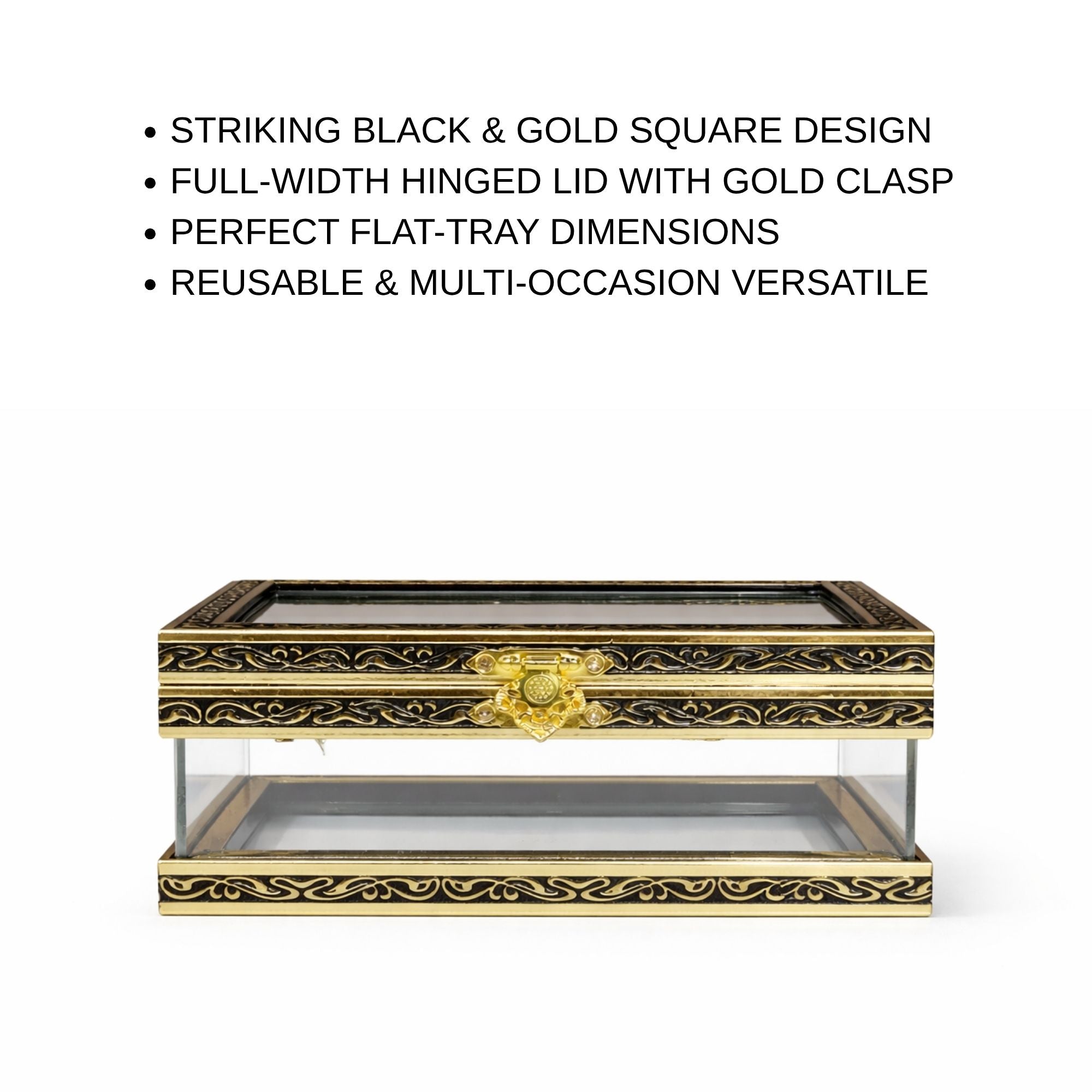 Square Acrylic Display Box | Black & Gold Metal Frame | Luxury Gift & Trousseau Packaging