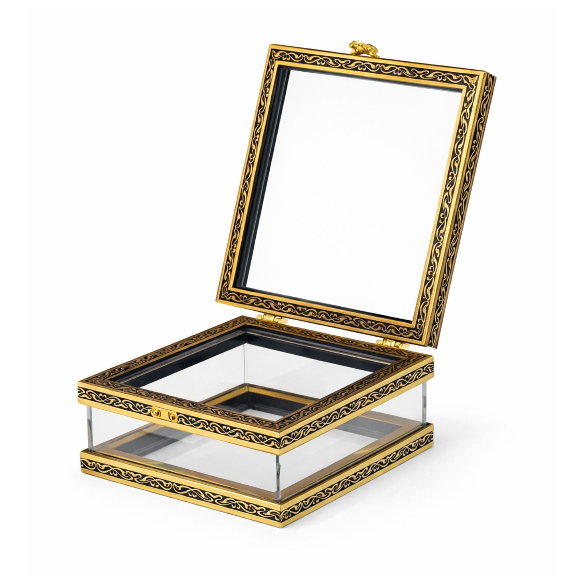 Square Acrylic Display Box | Black & Gold Metal Frame | Luxury Gift & Trousseau Packaging