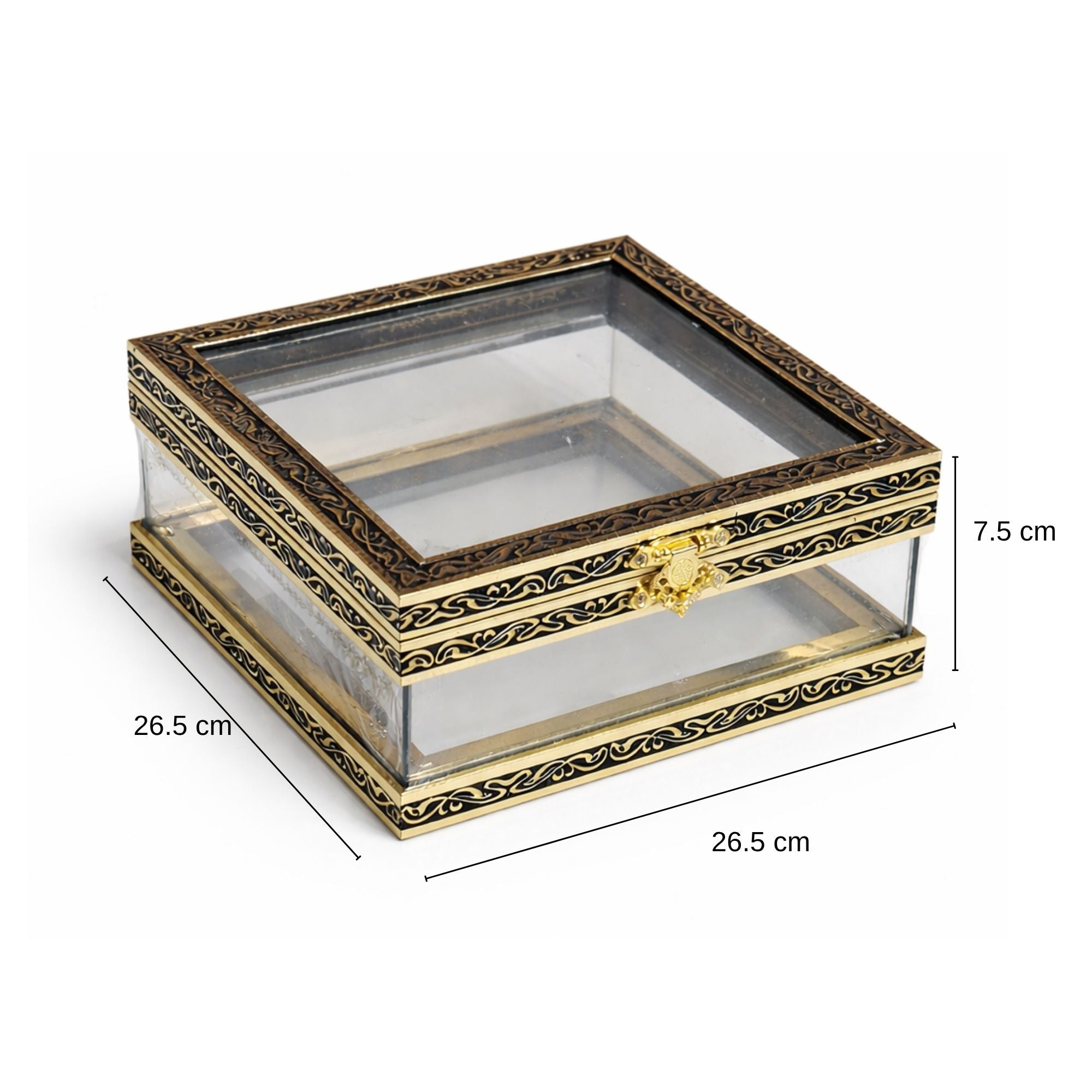 Square Acrylic Display Box | Black & Gold Metal Frame | Luxury Gift & Trousseau Packaging