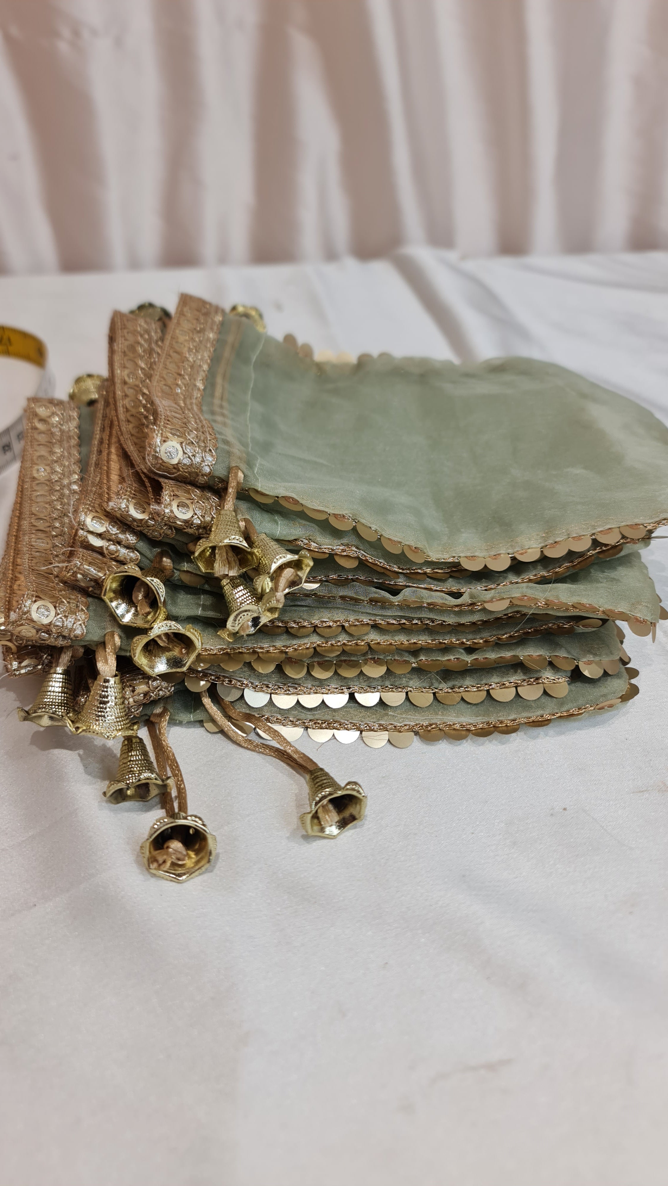 Elegant Organza Potli Drawstring Potli Bags (Pack of 10) - 14 Cm x 19Cm  Green Color