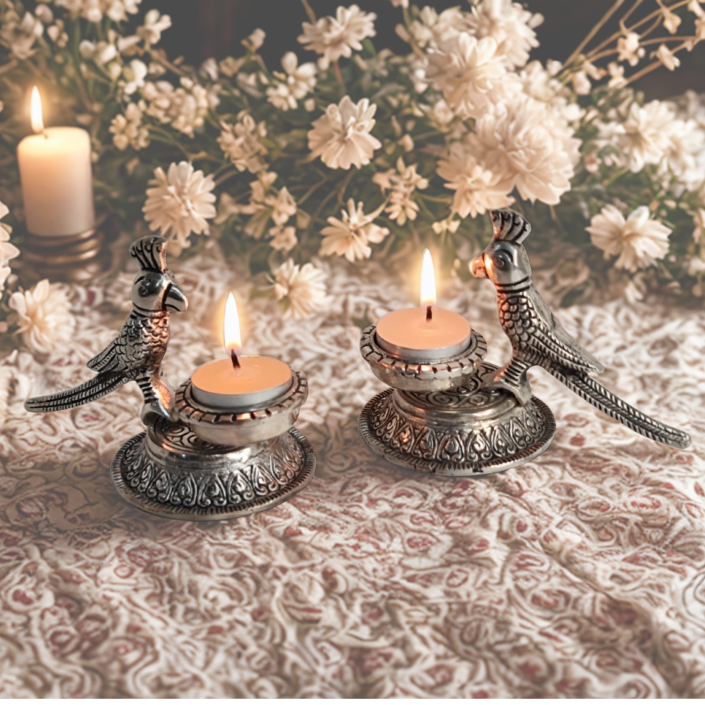 Wraparts Parrot Diya (Silver set of 2)