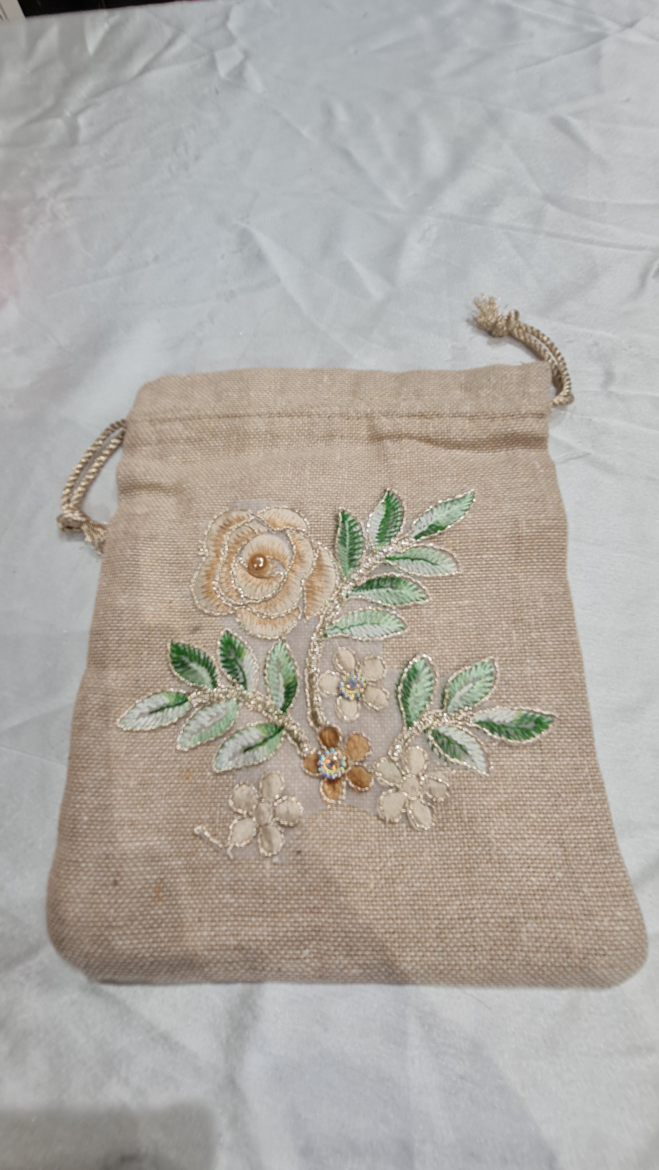 Big Jute Potli Bag | Floral Embroidery | Eco-Friendly Return Gift (23 Cm Height x 18 Cm Length)